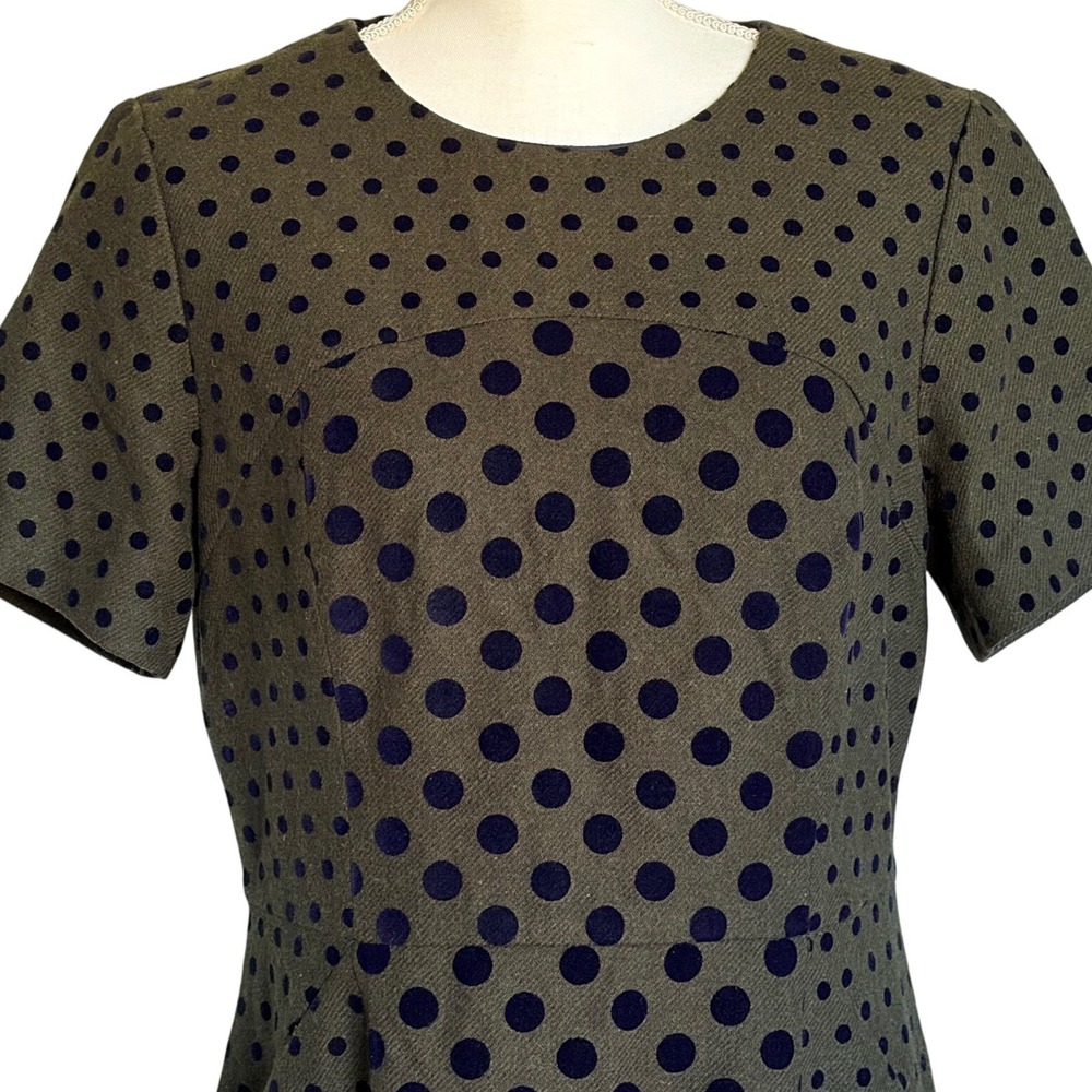 Boden Kathryn Wool Blend Dress Olive Navy Flocked Polka Dot 12L - Picture 3 of 7